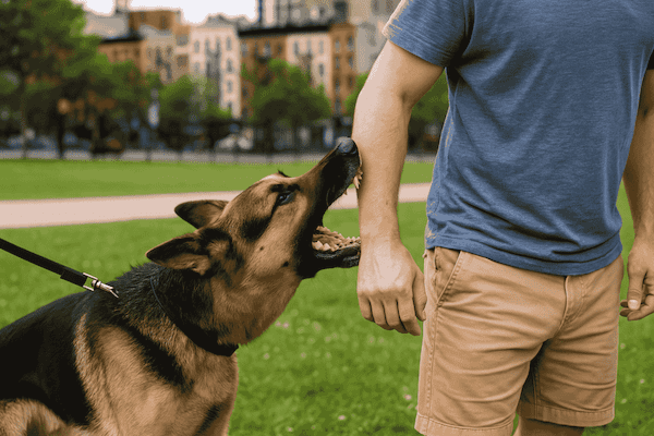 A German Shepherd dog biting a person’s arm during a summer day in a busy NYC park